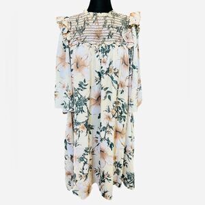 Happy x Nature Boho Dress Size Large Neutral Floral Smocked Bust Ruffle Flutter